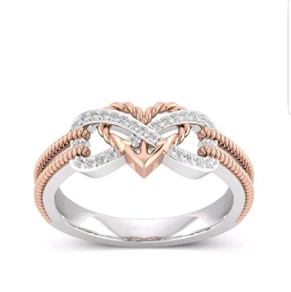 925 STERLING SILVER/ROSE GOLD TWISTED HEART RING - Picture 1 of 3